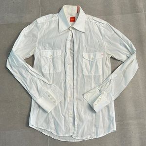 ORANGE HUGO BOSS men size small button down collar white shirt label high end